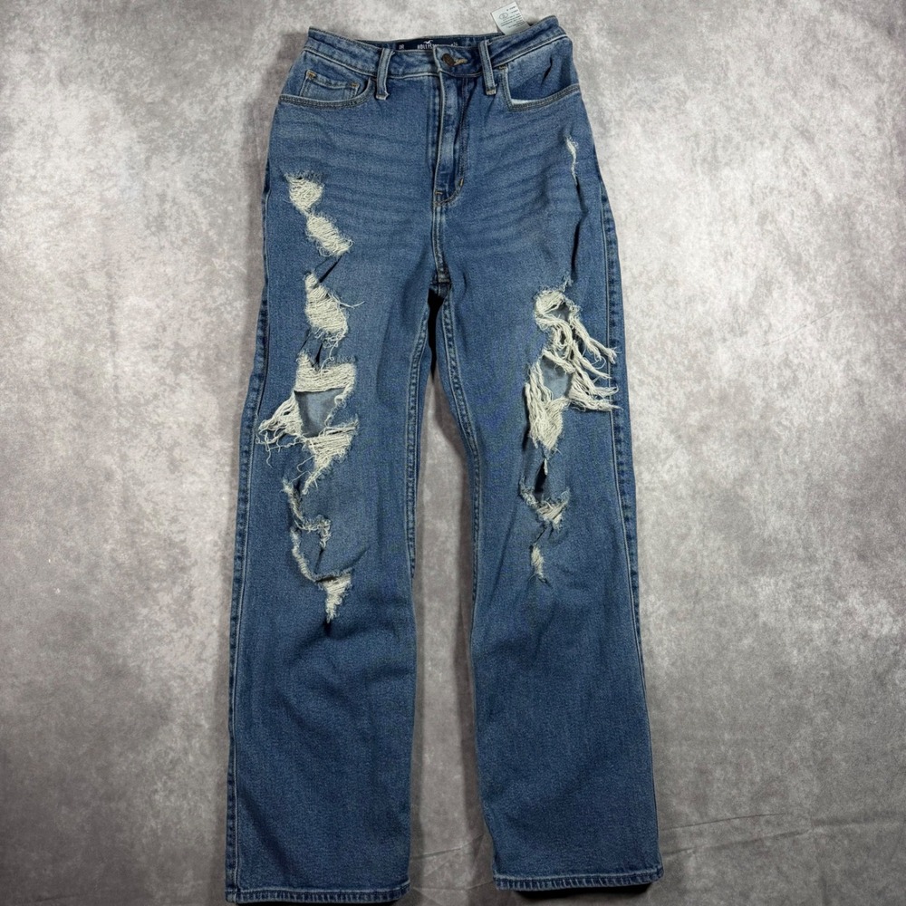 Hollister Ultra High-Rise Dad Jean Distressed Medium Wash W24 L28 Stretch